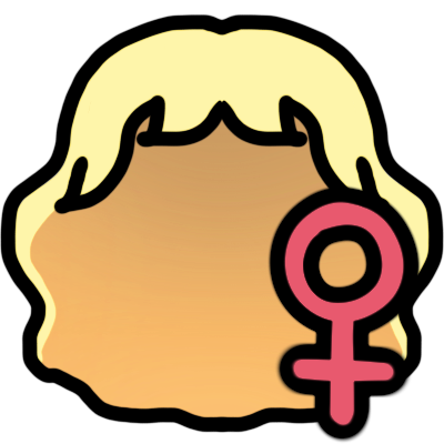 a wavy bob of light blonde hair with some bangs and a small pink venus/female symbol in the corner.